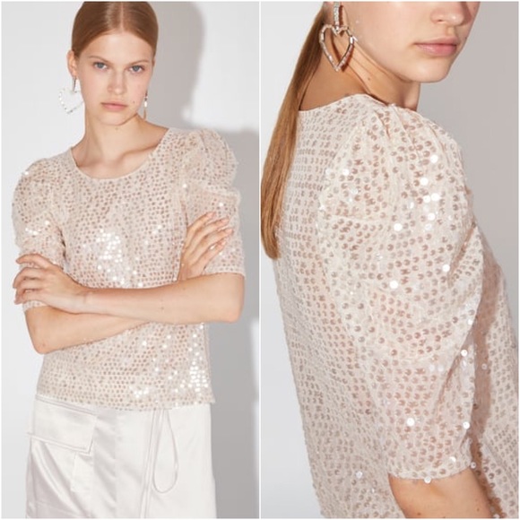 Zara Tops - Zara Short Puff Sleeve Sequin Top Cream Blouse M